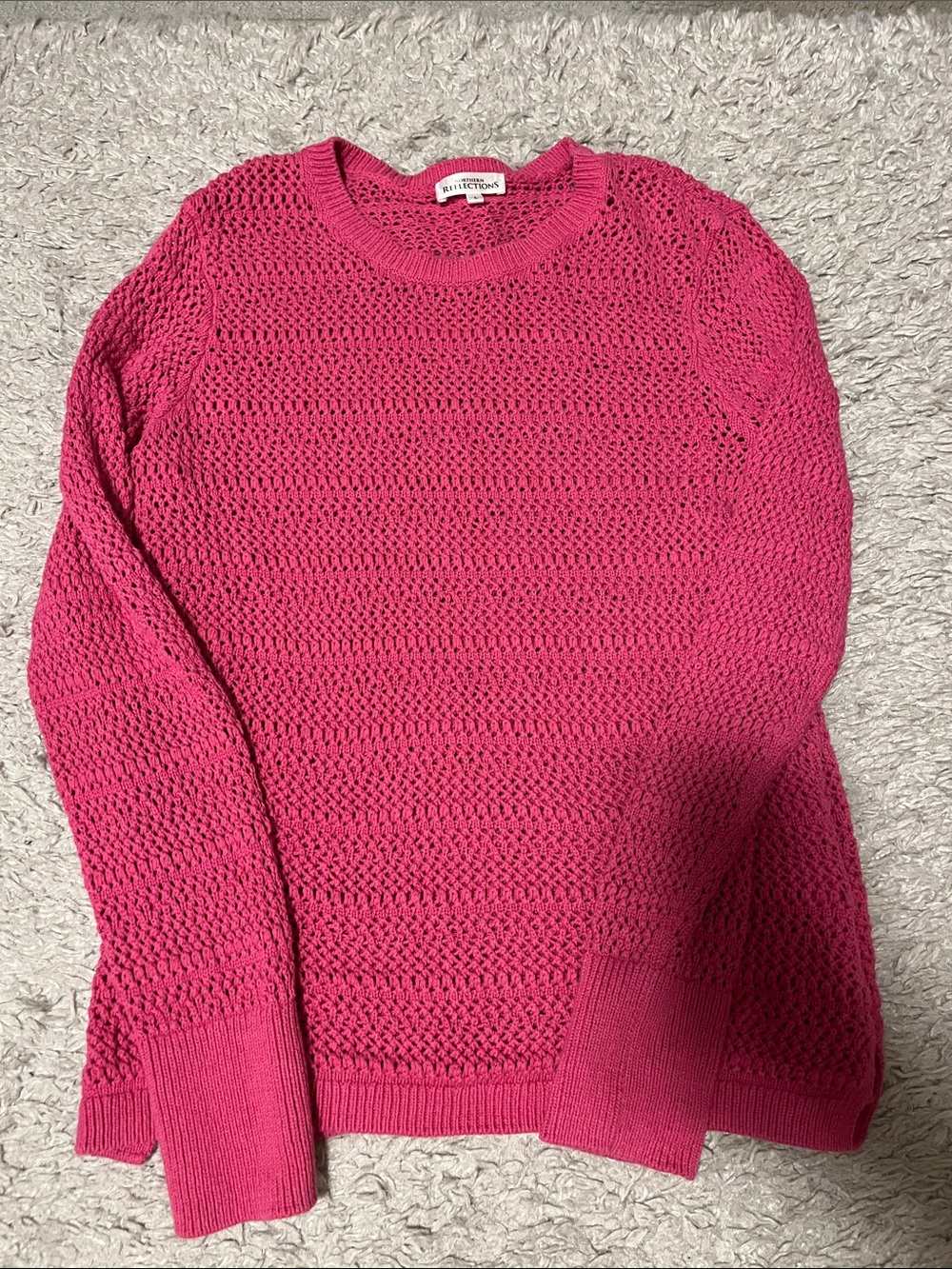 Northern Reflections Open-Weave Crewneck Sweater in Hot Pink